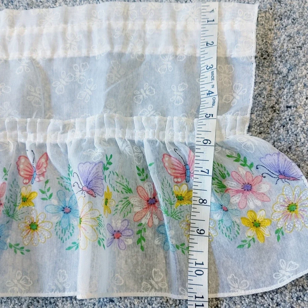 Vtg Whimsical White Sheer Floral Butterfly Curtain 2 Valance 2 Panels Pastel